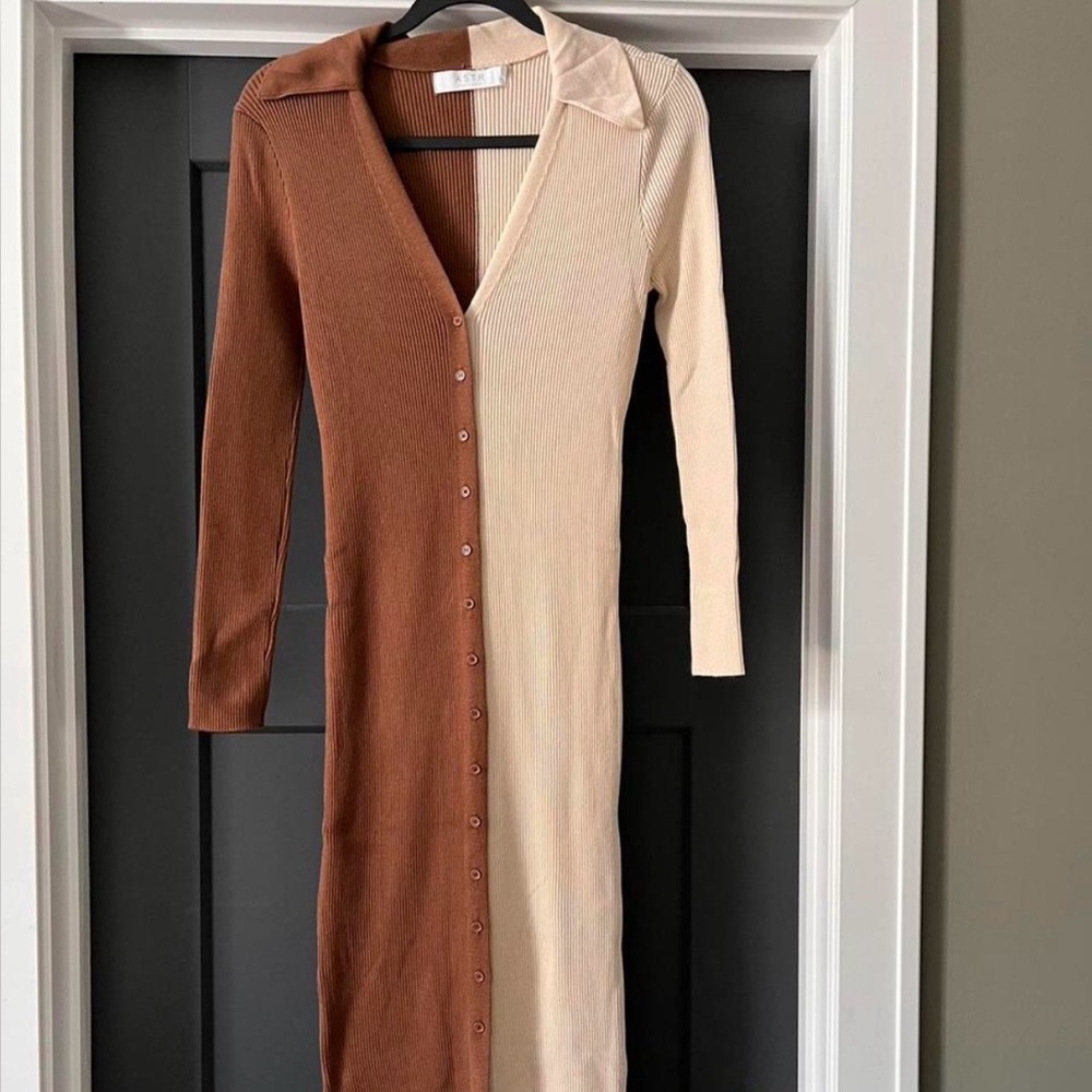 Astr Brown and Cream Long Sleeve Dress